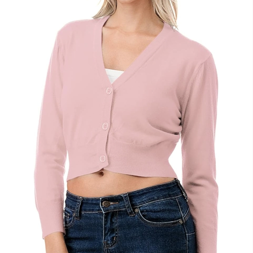 3/4 Sleeve Soft Open Front V-Neck Cropped Sweater Cardigan - Picture 2 of 9